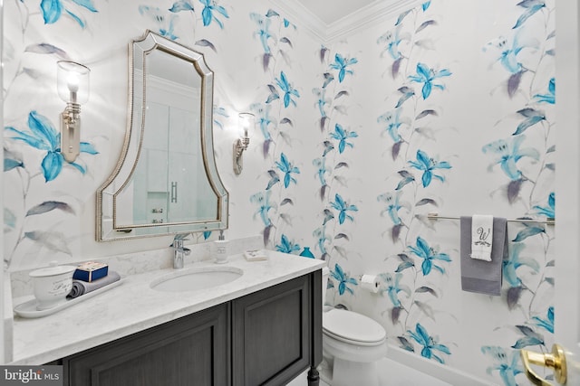 525 Belmont Bay Dr Unit 405, Woodbridge, VA 22191 - bathroom featuring wallpapered walls, toilet, vanity, and ornamental molding
