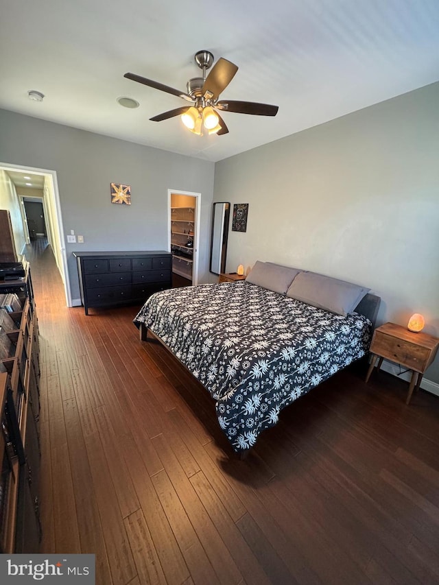 bedroom with wood-type flooring, ceiling fan, and a spacious closet