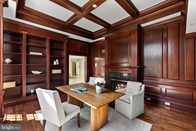 1418 Woodhurst Blvd, Mclean, VA 22102 - office featuring a premium fireplace, dark wood-type flooring, beam ceiling, and crown molding