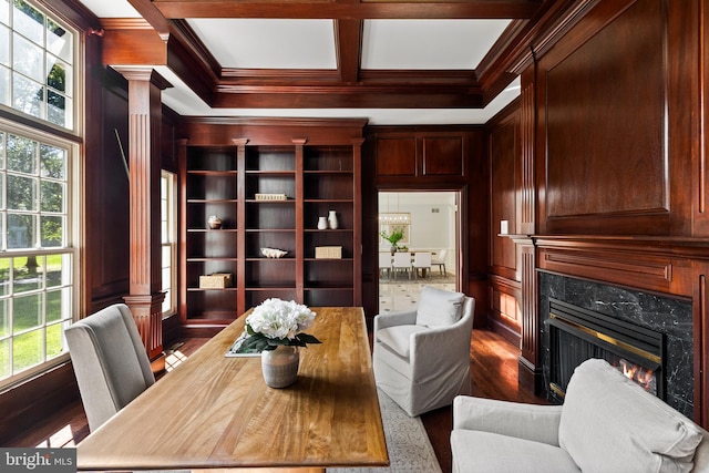 1418 Woodhurst Blvd, Mclean, VA 22102 - office space with ornamental molding, dark wood-type flooring, healthy amount of natural light, a fireplace, and coffered ceiling
