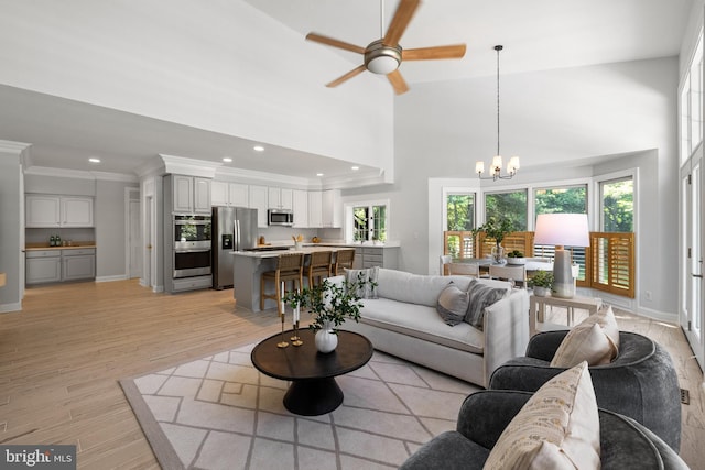 1418 Woodhurst Blvd, Mclean, VA 22102 - living area featuring a chandelier, ceiling fan, recessed lighting, light wood-type flooring, and baseboards