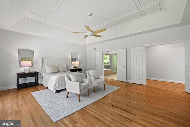 1418 Woodhurst Blvd, Mclean, VA 22102 - bedroom with light wood finished floors, baseboards, a raised ceiling, and ceiling fan