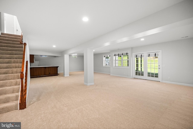1418 Woodhurst Blvd, Mclean, VA 22102 - basement featuring stairs, light carpet, bar, baseboards, and recessed lighting