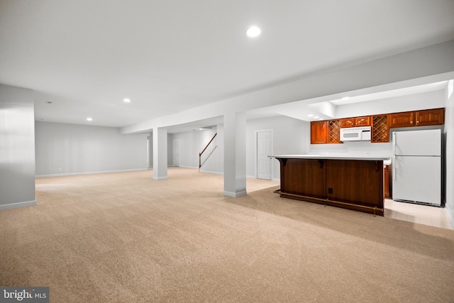 1418 Woodhurst Blvd, Mclean, VA 22102 - unfurnished living room featuring recessed lighting, baseboards, light carpet, wet bar, and stairs