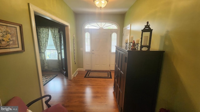 entryway with a wealth of natural light, wood finished floors, and baseboards