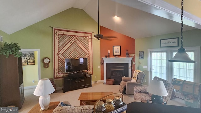 carpeted living room with a fireplace, visible vents, ceiling fan, and baseboards