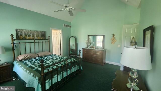 bedroom with carpet, baseboards, visible vents, a ceiling fan, and high vaulted ceiling