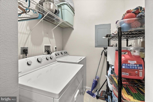 laundry area featuring washer and clothes dryer, baseboards, electric panel, and laundry area
