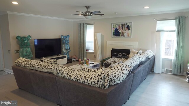 living room featuring ceiling fan, a wealth of natural light, visible vents, and light wood-type flooring