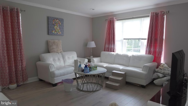 living area with wood finished floors, crown molding, and baseboards
