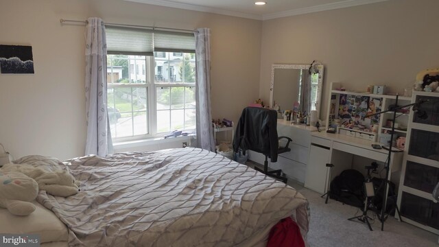 bedroom featuring recessed lighting, ornamental molding, multiple windows, and carpet
