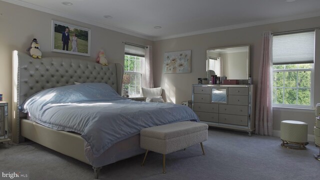 carpeted bedroom featuring crown molding