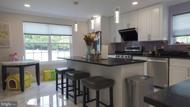 kitchen with tasteful backsplash, range, ornamental molding, dishwasher, and white cabinets