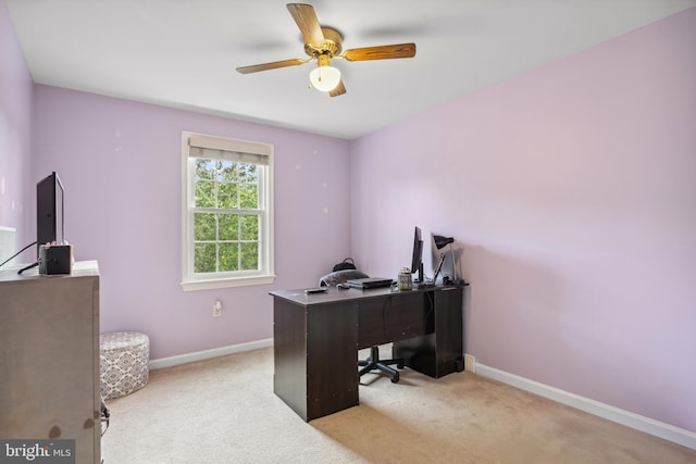 office area with baseboards, a ceiling fan, and carpet