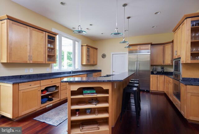 15410 River Rd, Darnestown, MD 20874 - kitchen with open shelves, built in appliances, dark wood finished floors, a breakfast bar area, and recessed lighting