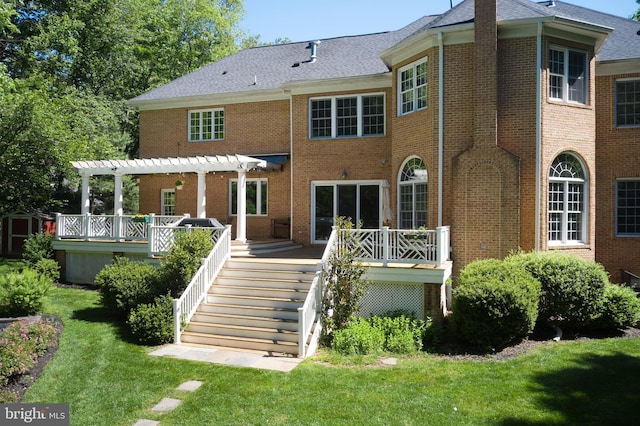 15410 River Rd, Darnestown, MD 20874 - rear view of property featuring a pergola, stairway, brick siding, a lawn, and a wooden deck