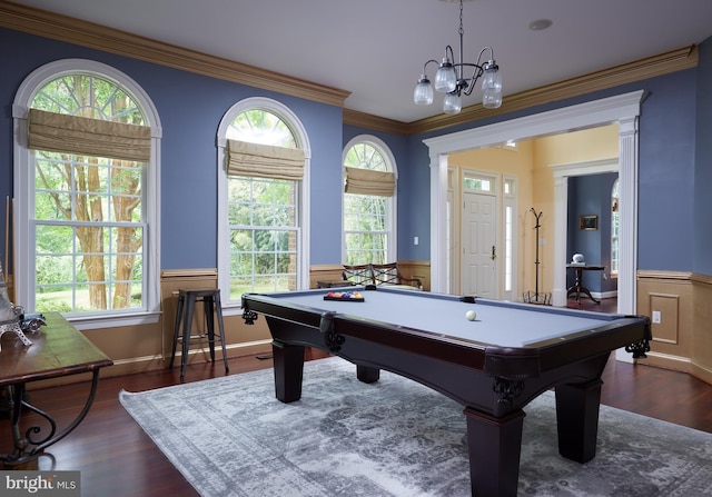15410 River Rd, Darnestown, MD 20874 - rec room featuring a wainscoted wall, ornamental molding, dark wood finished floors, billiards table, and plenty of natural light