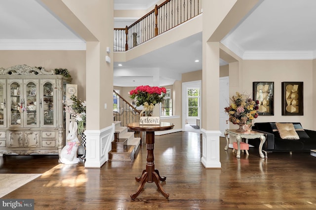 11162 Innsbrook Ct, Ijamsville, MD 21754 - entrance foyer featuring stairs, wood finished floors, ornamental molding, and decorative columns