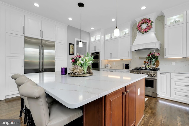 11162 Innsbrook Ct, Ijamsville, MD 21754 - kitchen with premium appliances, a kitchen island, glass insert cabinets, dark wood-style flooring, and recessed lighting