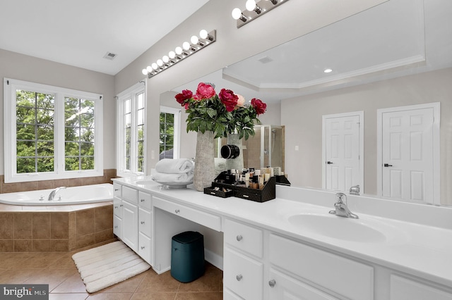 11162 Innsbrook Ct, Ijamsville, MD 21754 - full bathroom with tile patterned flooring, a bath, vanity, an enclosed shower, and a tray ceiling