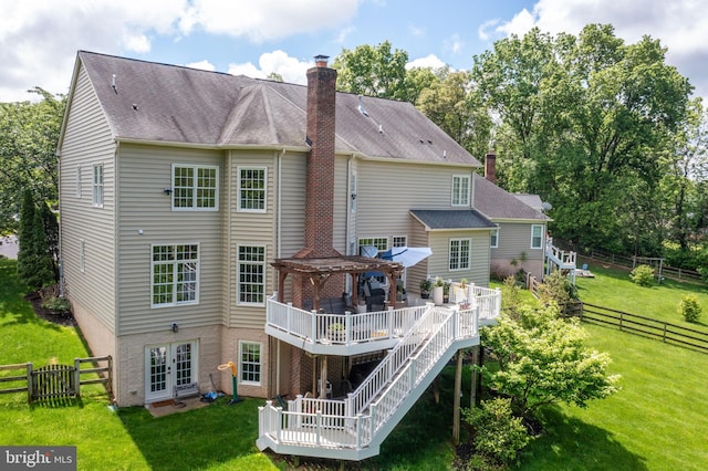 11162 Innsbrook Ct, Ijamsville, MD 21754 - rear view of property featuring a deck, a chimney, a pergola, french doors, and stairway
