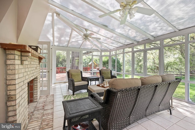 sunroom / solarium with an outdoor hangout area and ceiling fan