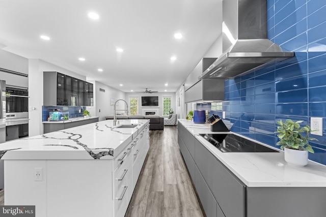 833 Gibbons Rd, Sykesville, MD 21784 - kitchen with wall chimney range hood, a sink, modern cabinets, and light wood-style flooring