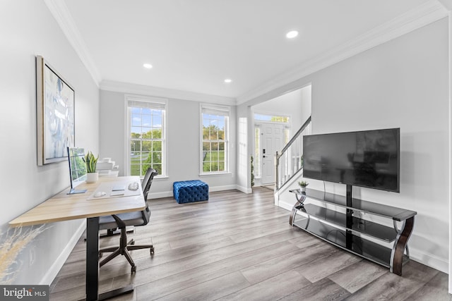 833 Gibbons Rd, Sykesville, MD 21784 - office area with crown molding, baseboards, recessed lighting, and wood finished floors