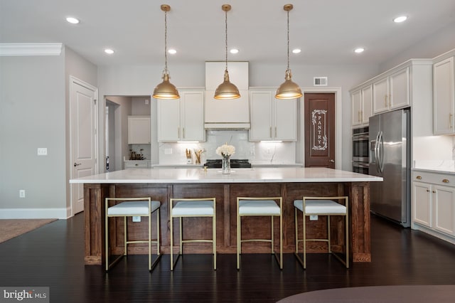 kitchen featuring decorative backsplash, visible vents, stainless steel fridge with ice dispenser, white cabinets, and dark wood-style floors