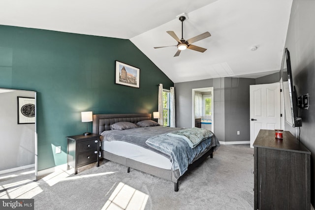 bedroom featuring carpet, a ceiling fan, high vaulted ceiling, and baseboards