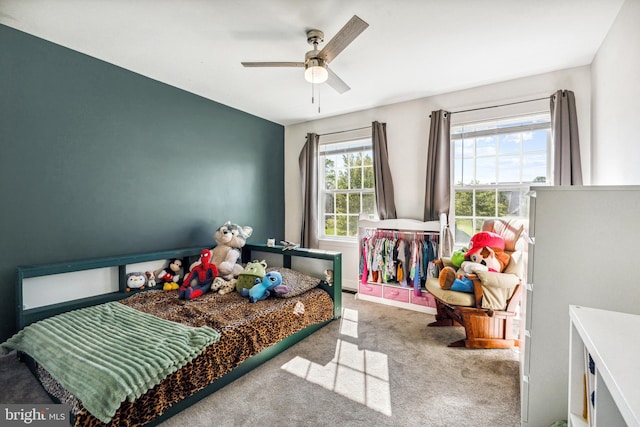 bedroom featuring carpet and ceiling fan