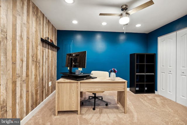 office space with recessed lighting, a ceiling fan, carpet flooring, and baseboards