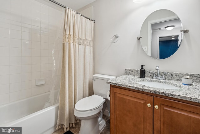 bathroom featuring shower / tub combo with curtain, toilet, and vanity