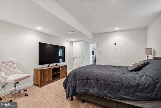 carpeted bedroom featuring baseboards, recessed lighting, and visible vents