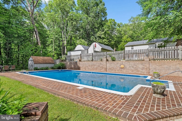 5420 Well Spring Rd, La Plata, MD 20646 - view of swimming pool featuring a storage shed, a fenced backyard, an outbuilding, and a patio area