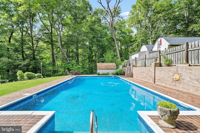 5420 Well Spring Rd, La Plata, MD 20646 - swimming pool featuring fence, an outdoor structure, a storage shed, and view of wooded area