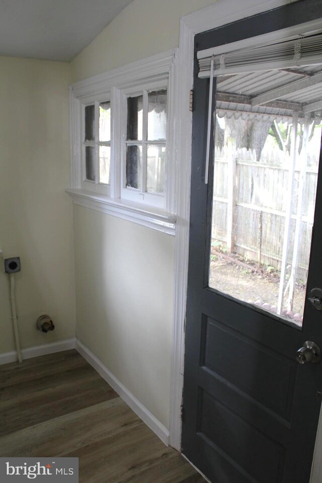466 N Evans St, Pottstown, PA 19464 - doorway featuring dark wood finished floors, baseboards, and lofted ceiling
