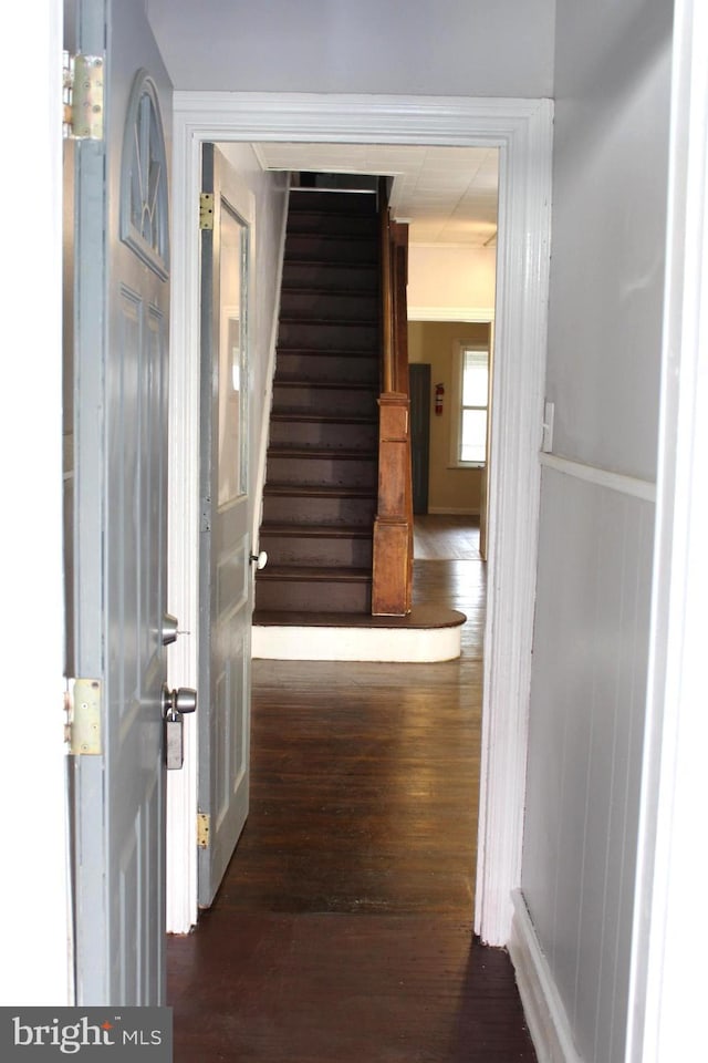 466 N Evans St, Pottstown, PA 19464 - corridor featuring stairway, wood finished floors, and a wainscoted wall