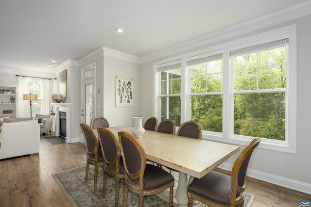 dining room with crown molding, a fireplace, hardwood / wood-style floors, recessed lighting, and baseboards