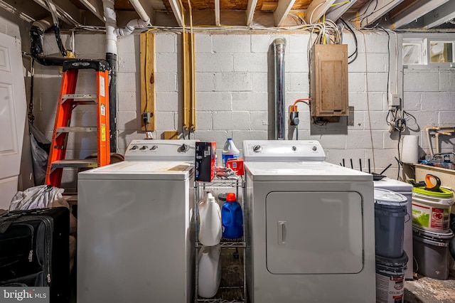washroom with independent washer and dryer, electric panel, and laundry area