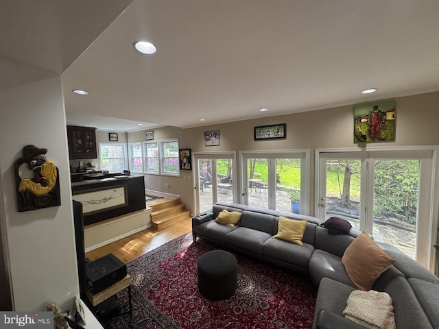 living room featuring recessed lighting and light wood-style floors