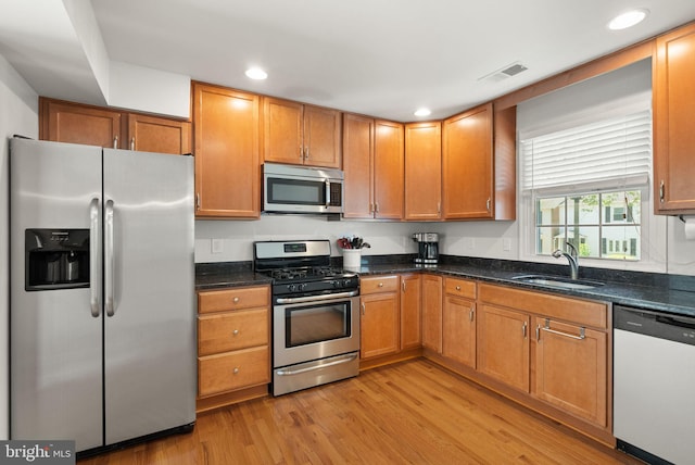 kitchen featuring visible vents, a sink, dark stone countertops, light wood finished floors, and stainless steel appliances