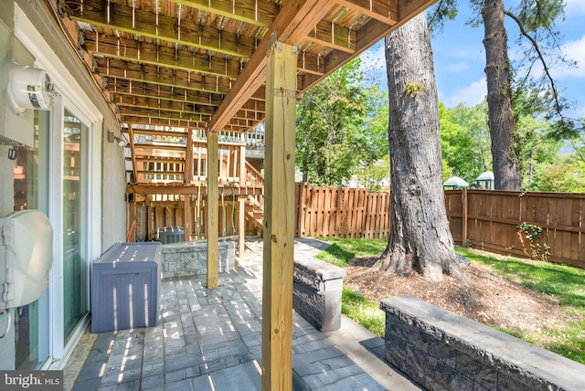 view of patio / terrace with a fenced backyard and stairway