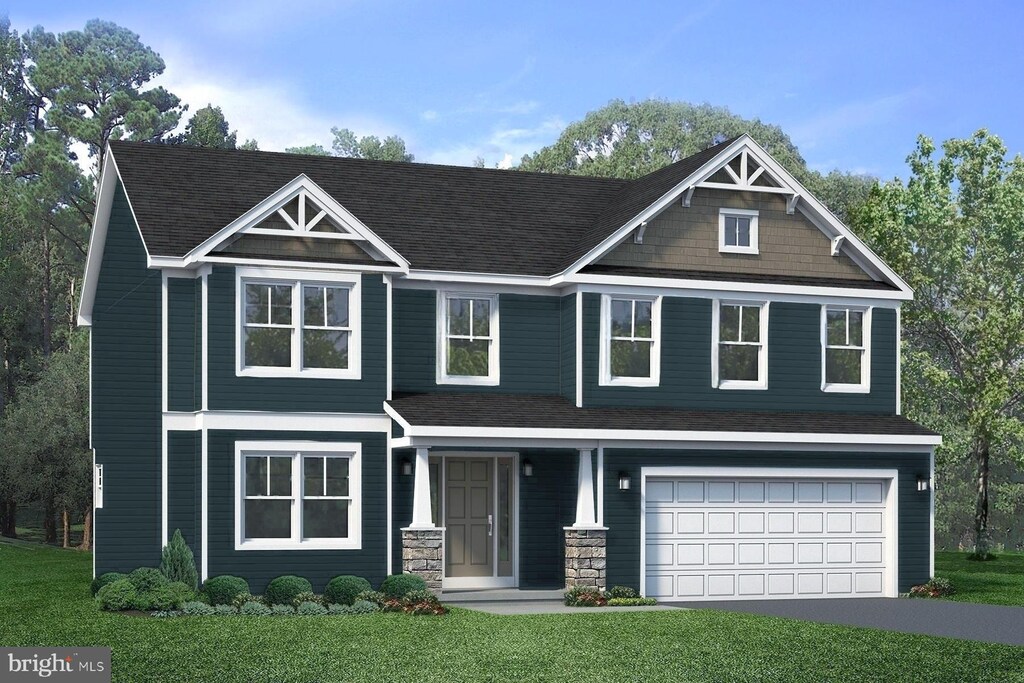 craftsman-style house featuring a porch, aphalt driveway, roof with shingles, a front yard, and an attached garage