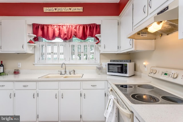 1085 Greenwood Rd, Winchester, VA 22602 - kitchen with white appliances, under cabinet range hood, a sink, and white cabinets