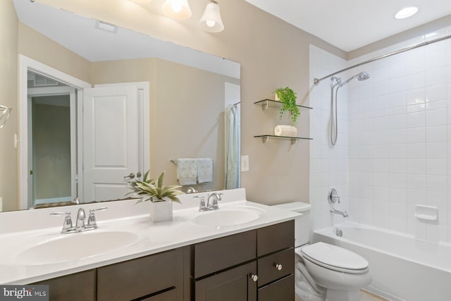 6725 Accipiter Dr, New Market, MD 21774 - full bathroom with double vanity, toilet, shower / bath combination with curtain, and a sink