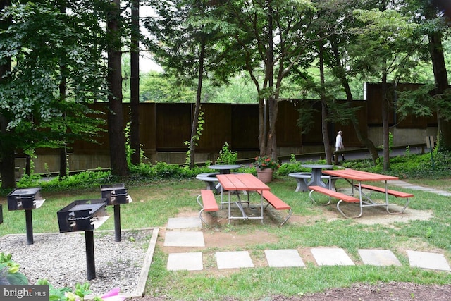 view of community featuring fence and a yard