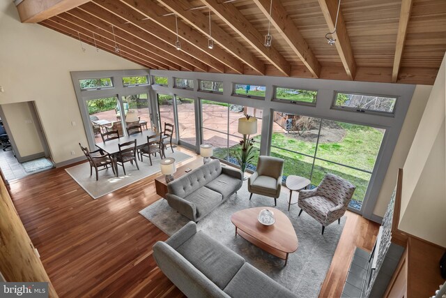 sunroom / solarium with plenty of natural light, rail lighting, wood ceiling, and wood finished floors