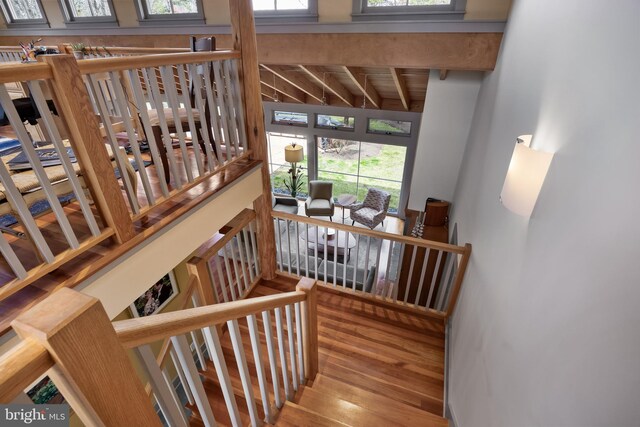 staircase with wood finished floors, a wealth of natural light, and beam ceiling