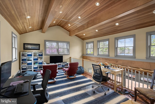 office space featuring carpet floors, recessed lighting, lofted ceiling with beams, and wooden ceiling